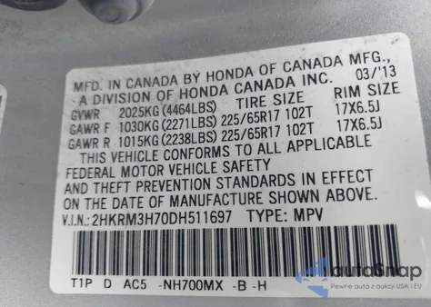 2013 Honda Cr-V Ex-L from USA, damaged, VIN 2HKRM3H70DH511697